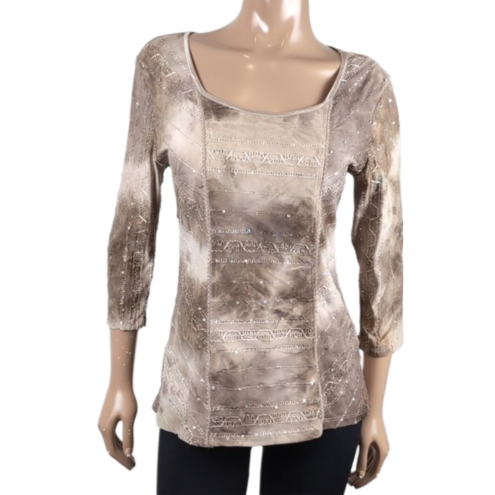 Nycal Tie Dye Blouse Sequin Embellished Mocha Scoop Neck 3/4 Sleeve Top